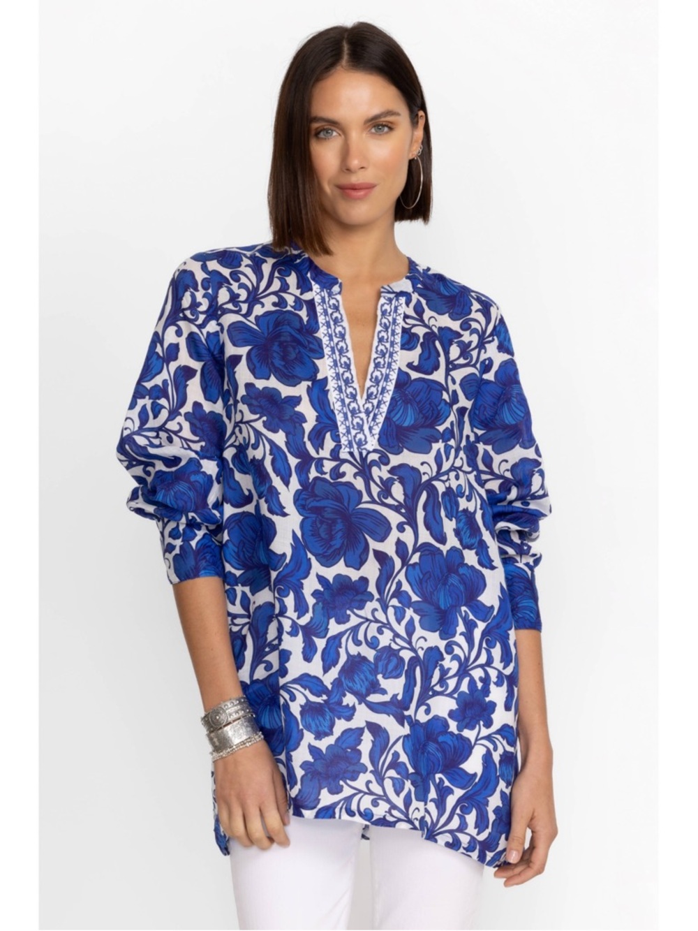 Johnny Was Workshop Henley Voyager Tunic Camilla Blue Floral‎ Embroidered Small